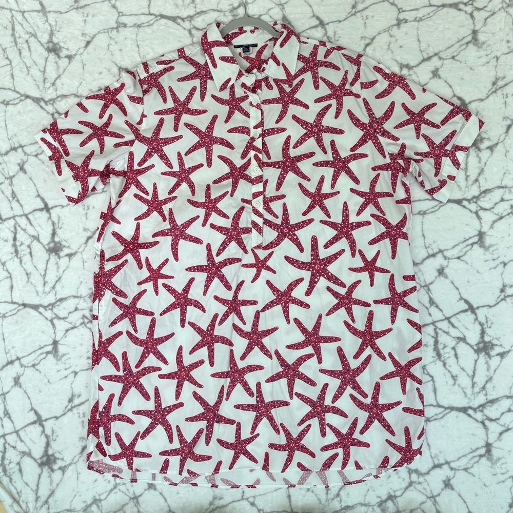 BAHAMA HAND PRINTS Starfish Pullover Shirt Men’s XXL White Red Blue Starfishes